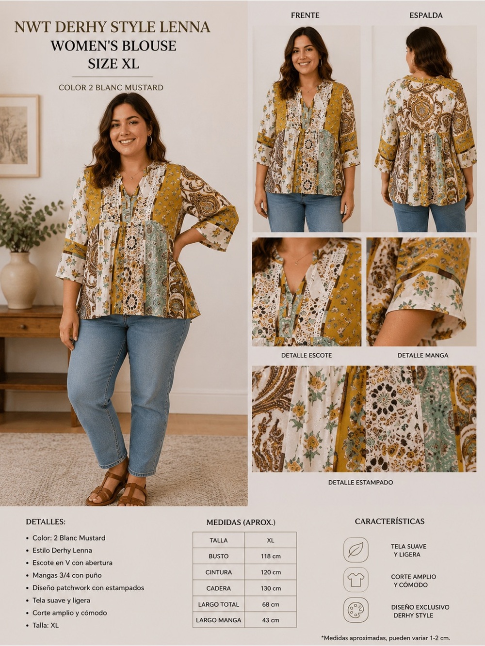 NWT Derhy Style Lenna Women's Size XL Blouse Color 2 Blanc Mustard Elbow Size ￼